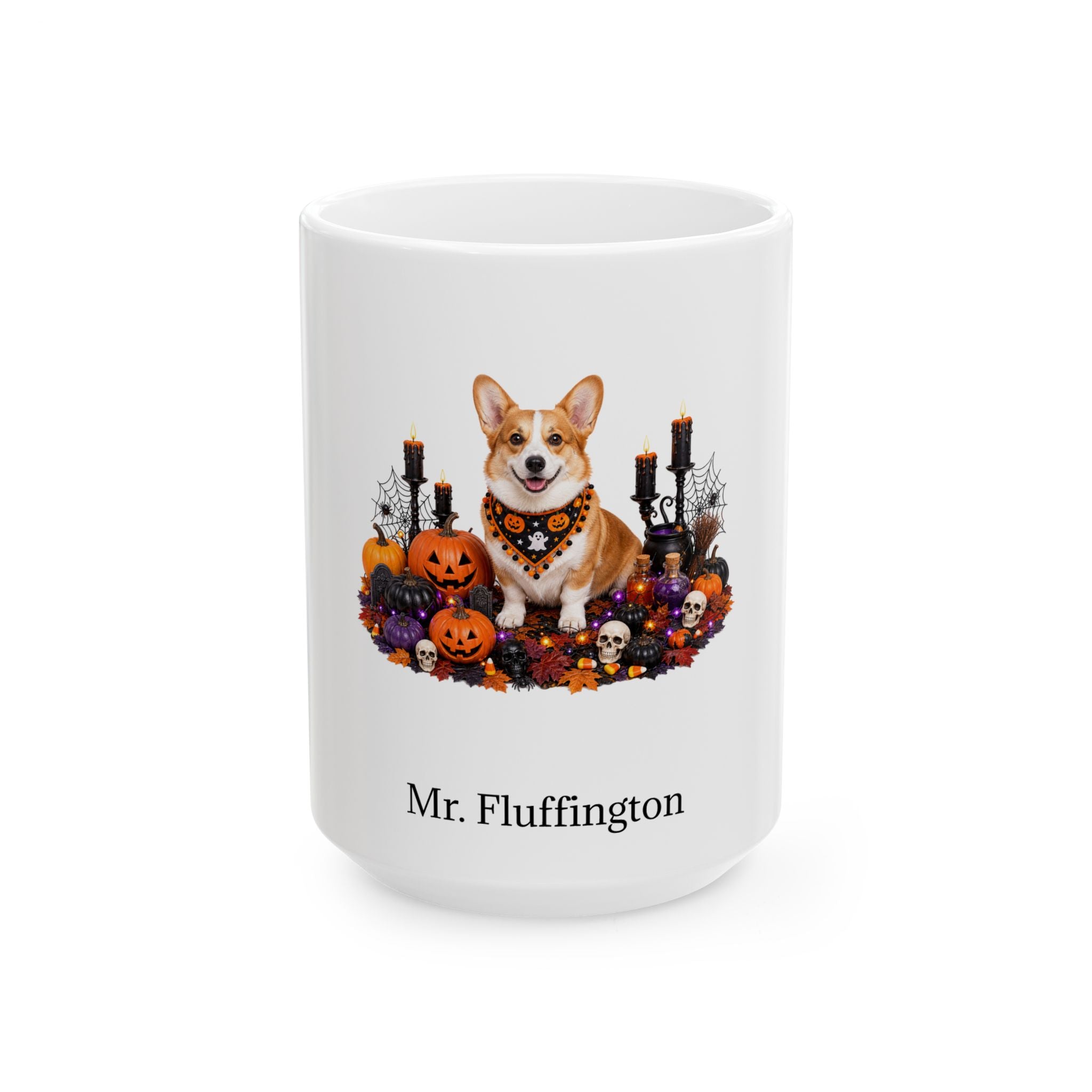 Personalized Pembroke Welsh Corgi dog Halloween mug, 11oz white ceramic, with custom pet name on front