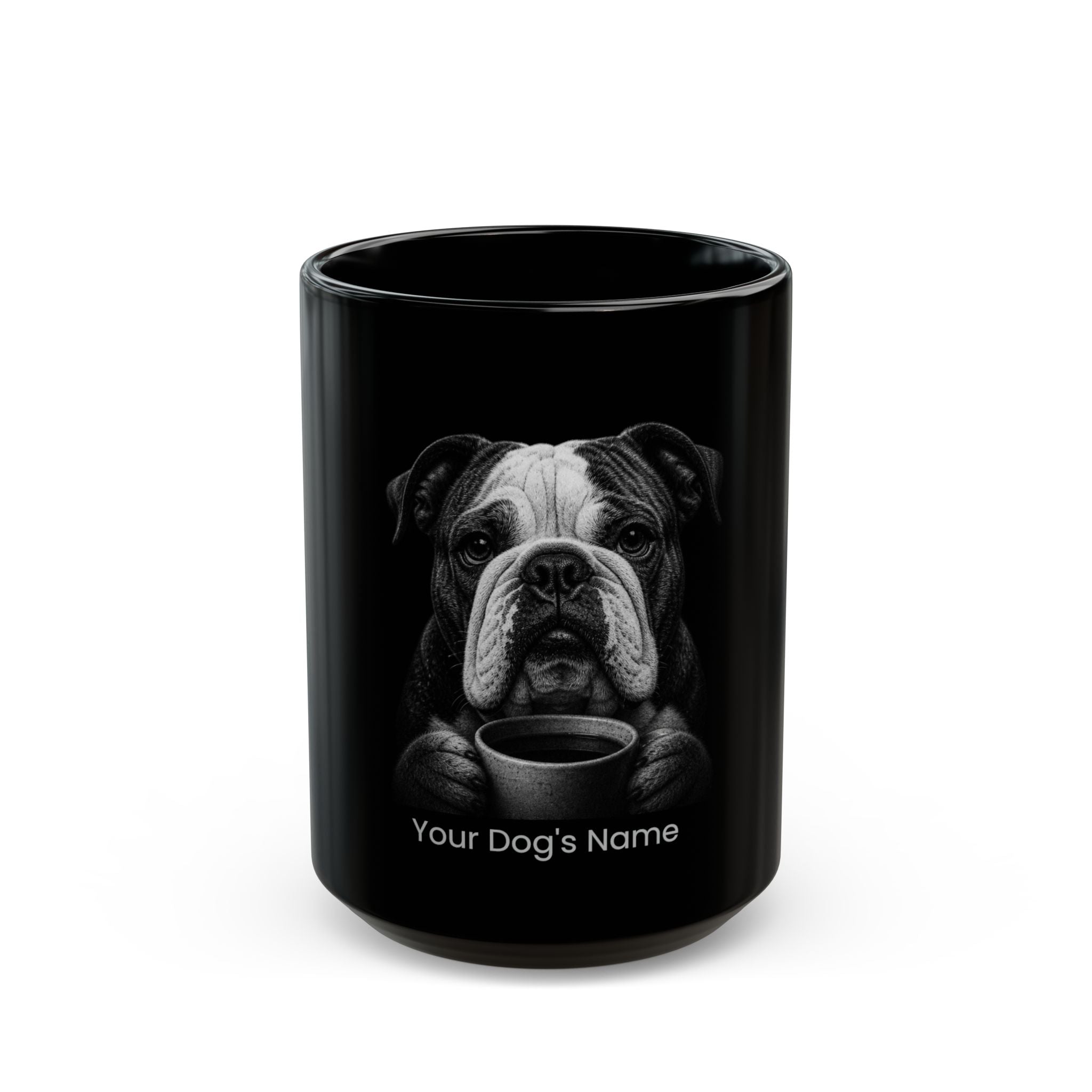 Personalized English Bulldog black ceramic coffee mug with custom dog name
