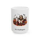 Personalized Grand Basset Griffon Vendeen dog Halloween mug, 11oz white ceramic, with custom pet name on front