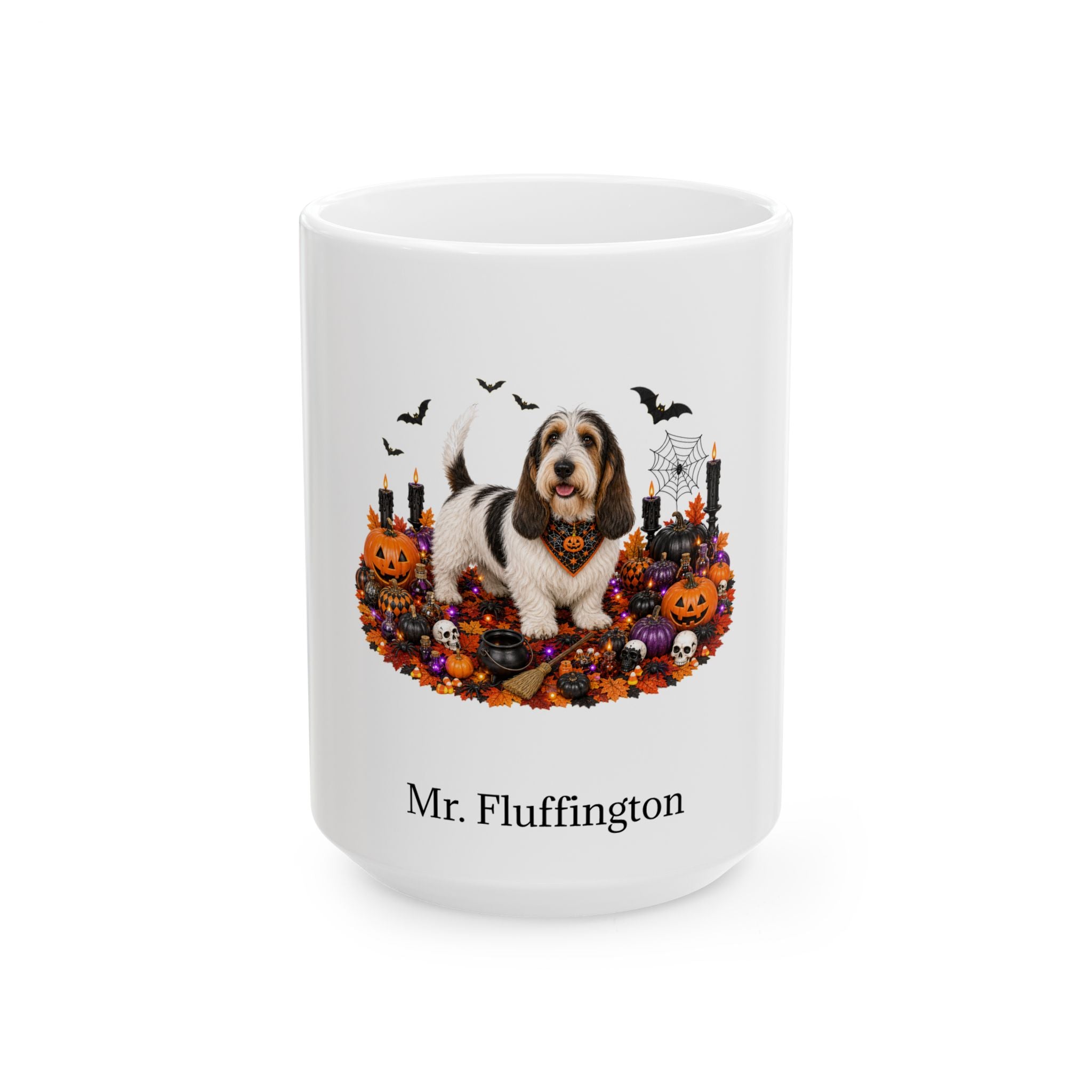 Personalized Grand Basset Griffon Vendeen dog Halloween mug, 11oz white ceramic, with custom pet name on front