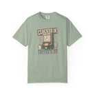 Sage green Comfort Colors 1717 t-shirt with a vintage clock and coffee graphic.