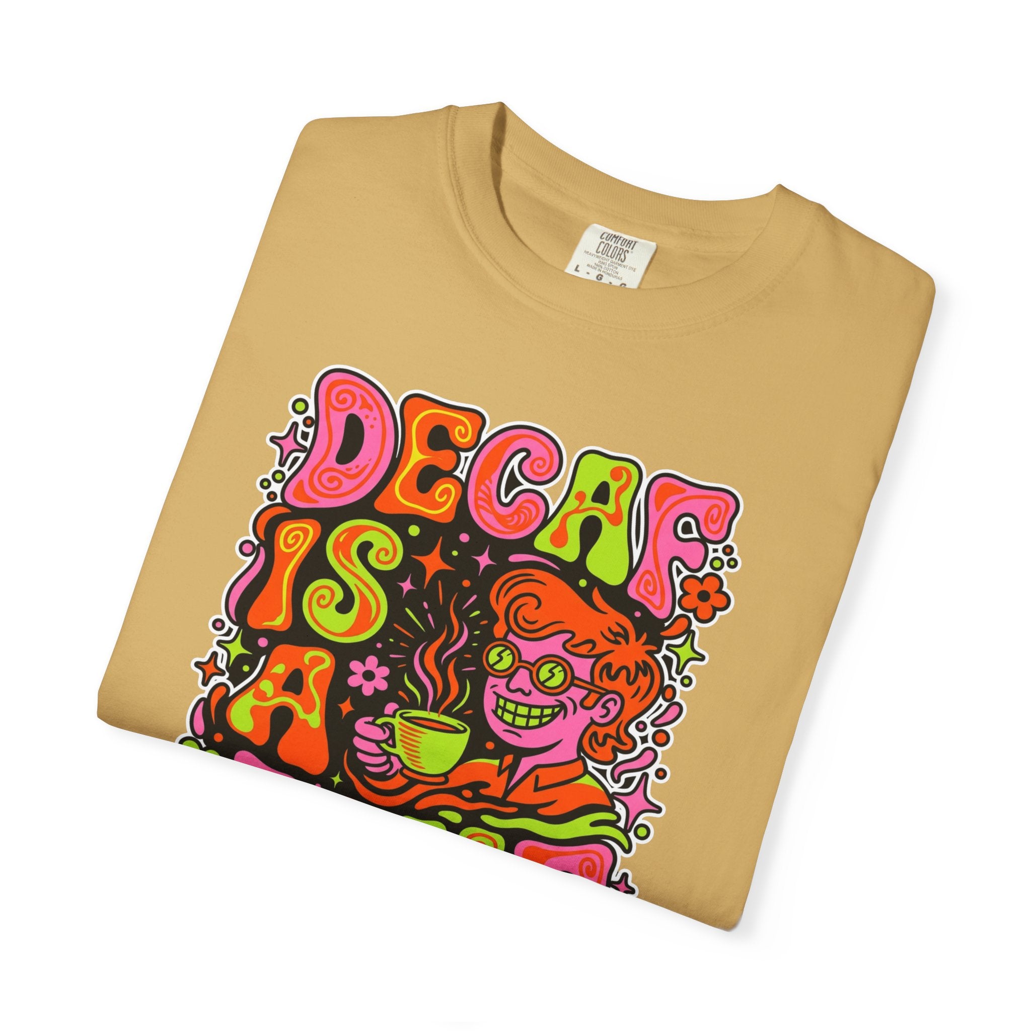 Tan t-shirt with a retro, psychedelic graphic featuring a person drinking coffee and text.