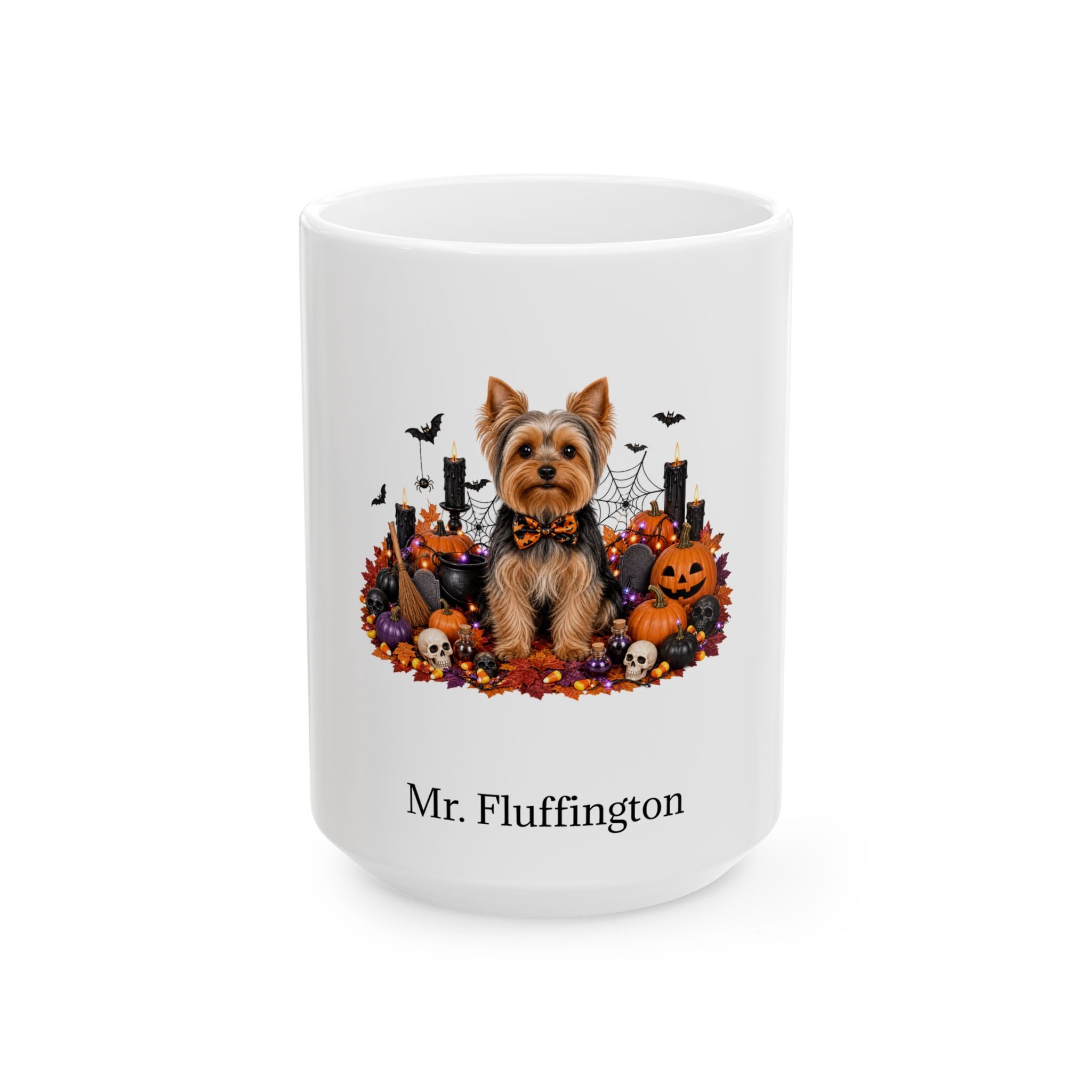 Personalized Yorkshire Terrier dog Halloween mug, 15oz white ceramic, with custom pet name on front