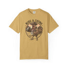 Mustard yellow t-shirt featuring a graphic of a rooster in a cowboy hat pouring coffee.