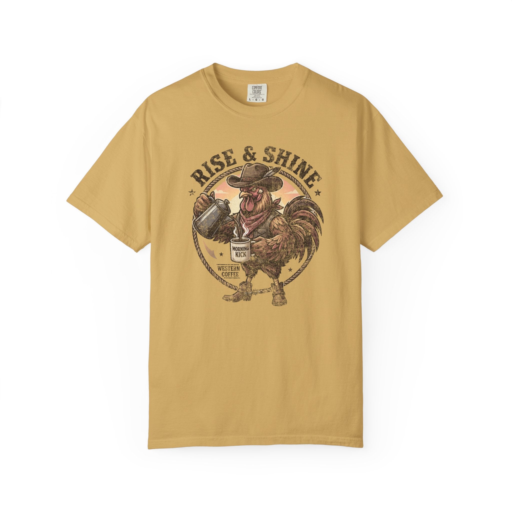 Mustard yellow t-shirt featuring a graphic of a rooster in a cowboy hat pouring coffee.