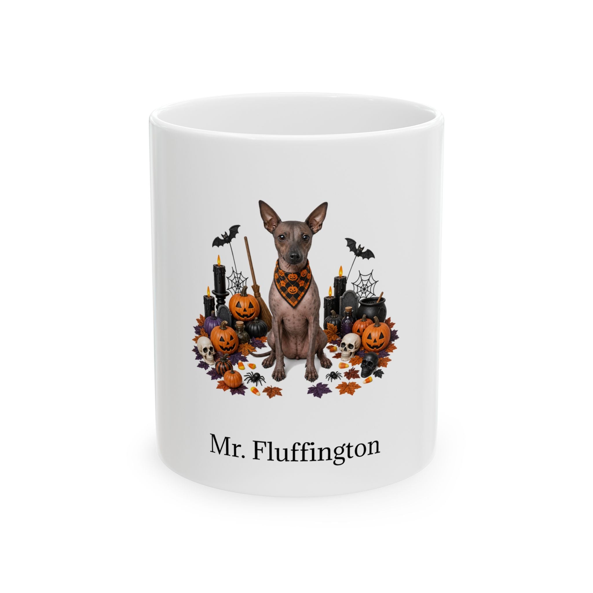 Personalized American Hairless Terrier dog Halloween mug, 15oz white ceramic, with custom pet name on front