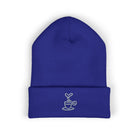 Embroidered coffee cup cuffed beanie in royal blue.