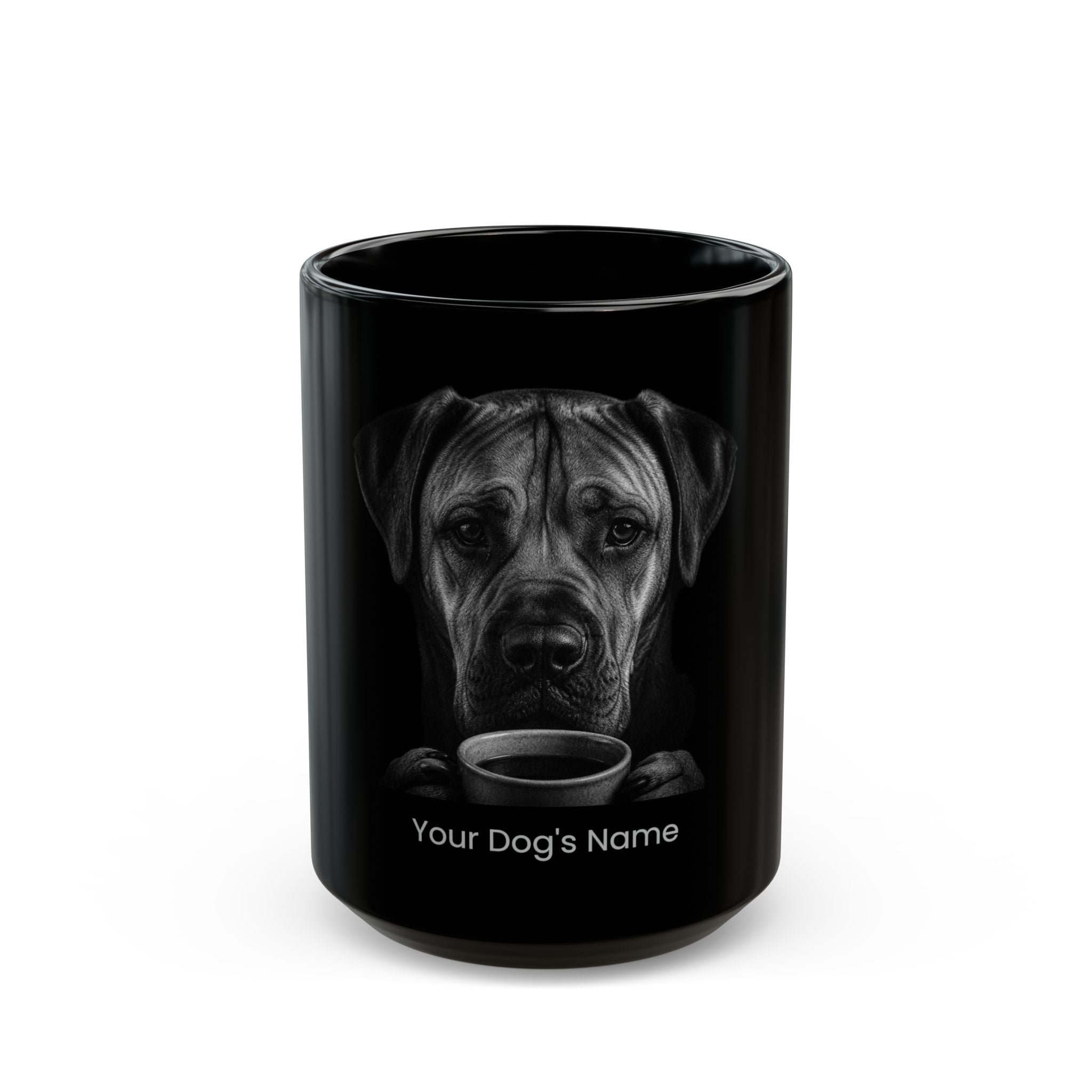 Personalized Alano Español black ceramic coffee mug with custom dog name