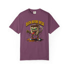 Purple t-shirt featuring a zombie coffee mug graphic with the text Death Before Decaf.