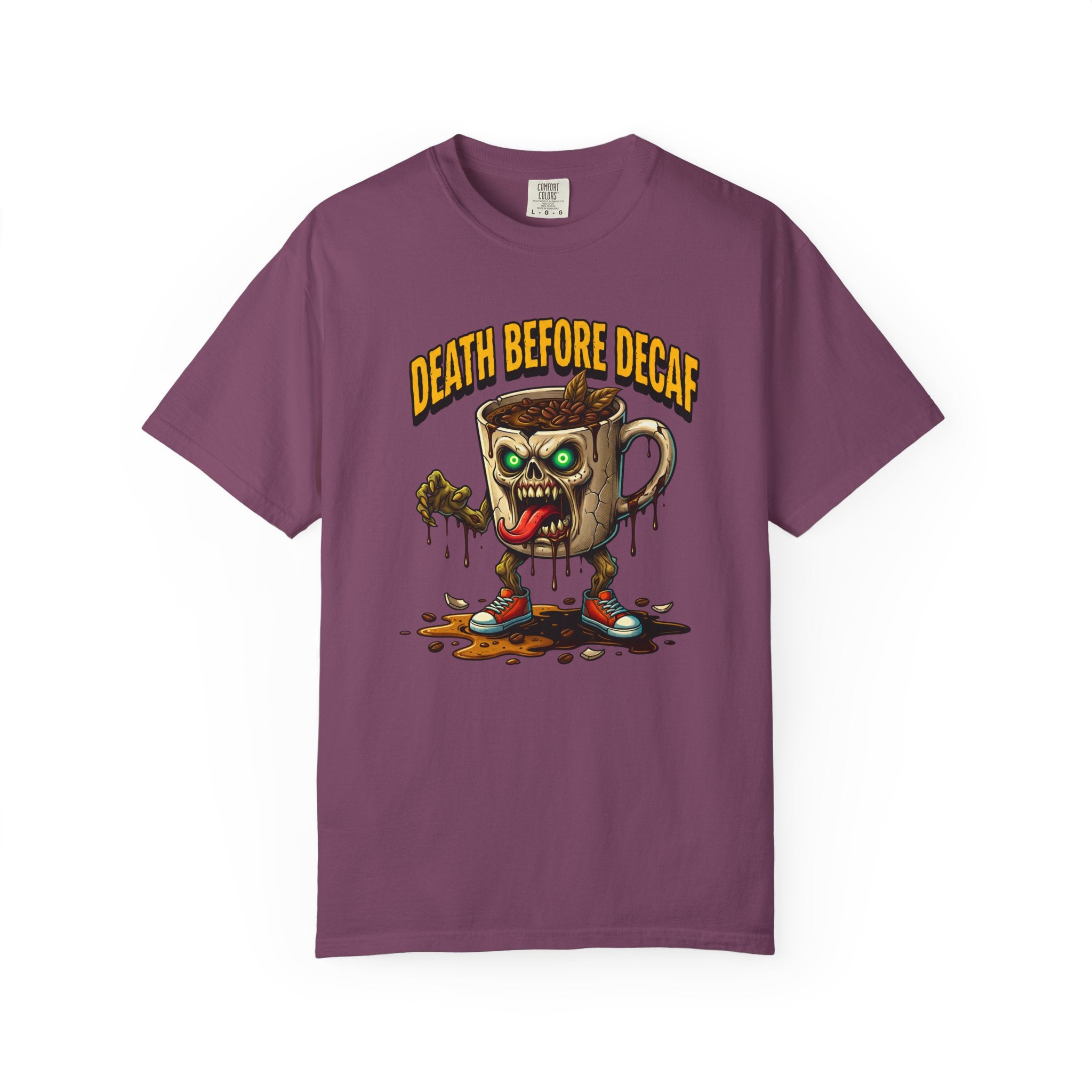 Purple t-shirt featuring a zombie coffee mug graphic with the text Death Before Decaf.