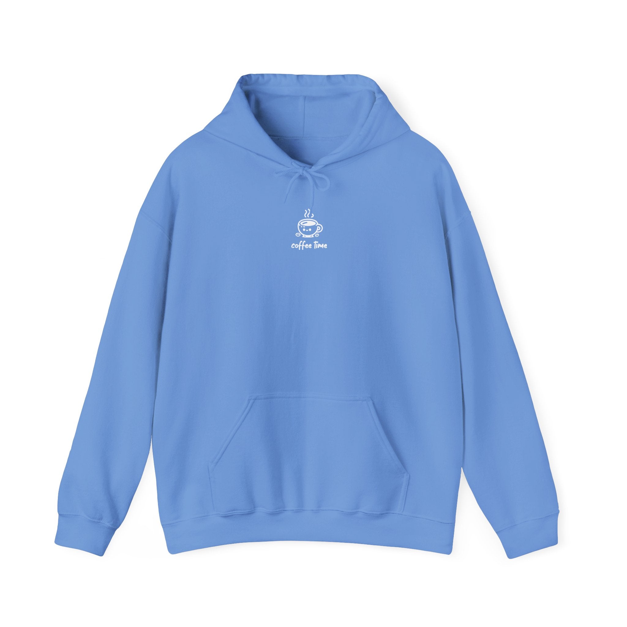 A pastel blue fleece hoodie featuring a small white graphic of a smiling coffee cup.