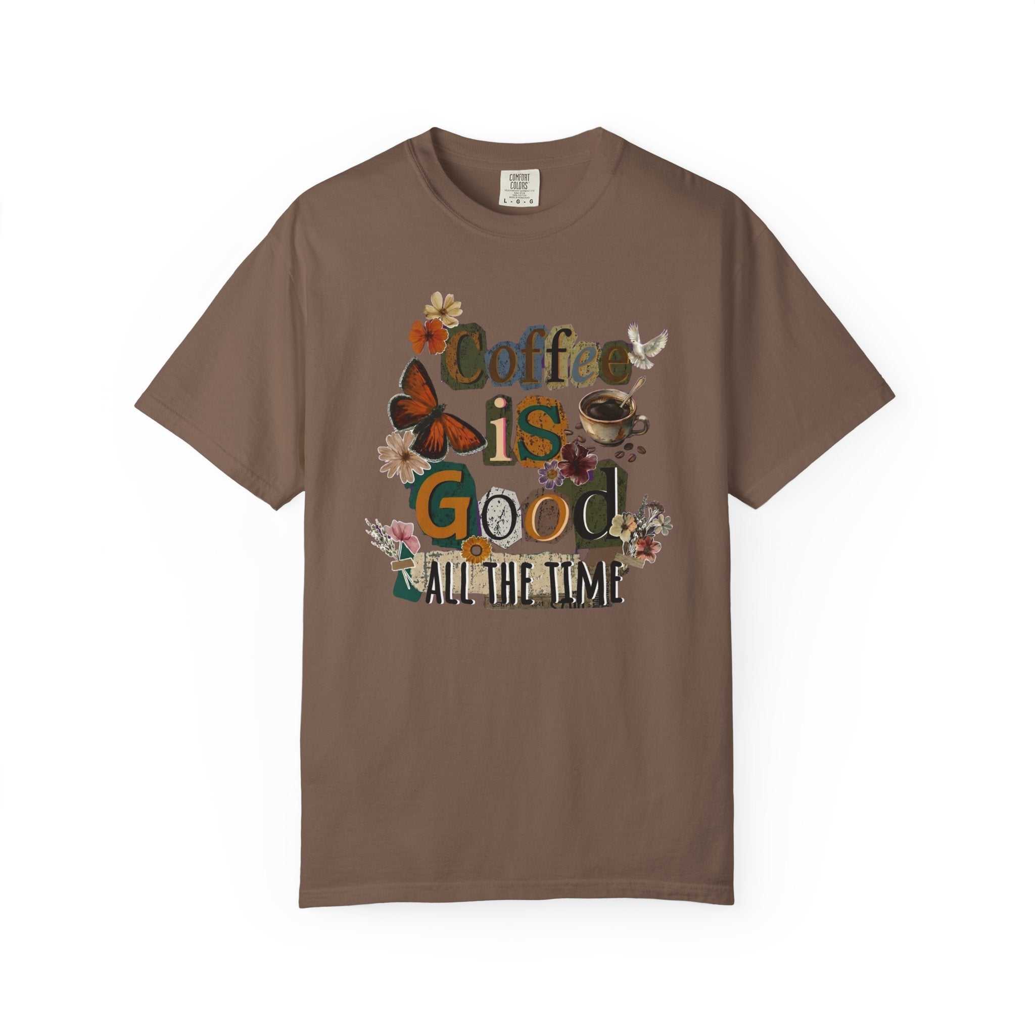 A brown cotton t-shirt featuring a vintage floral graphic with the text Coffee is Good.