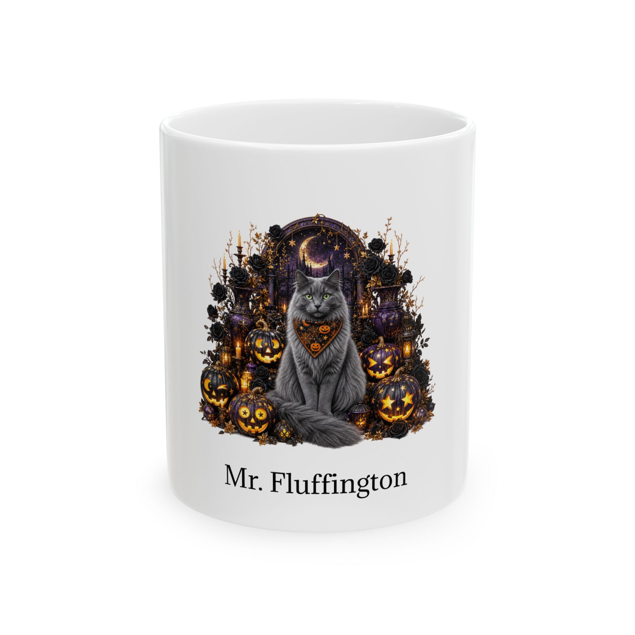 Personalized Nebelung cat Halloween mug, 11oz white ceramic, with custom pet name on front