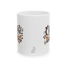 White ceramic mug featuring Catffinated & Dangerous text, coffee beans, and a small cat icon.