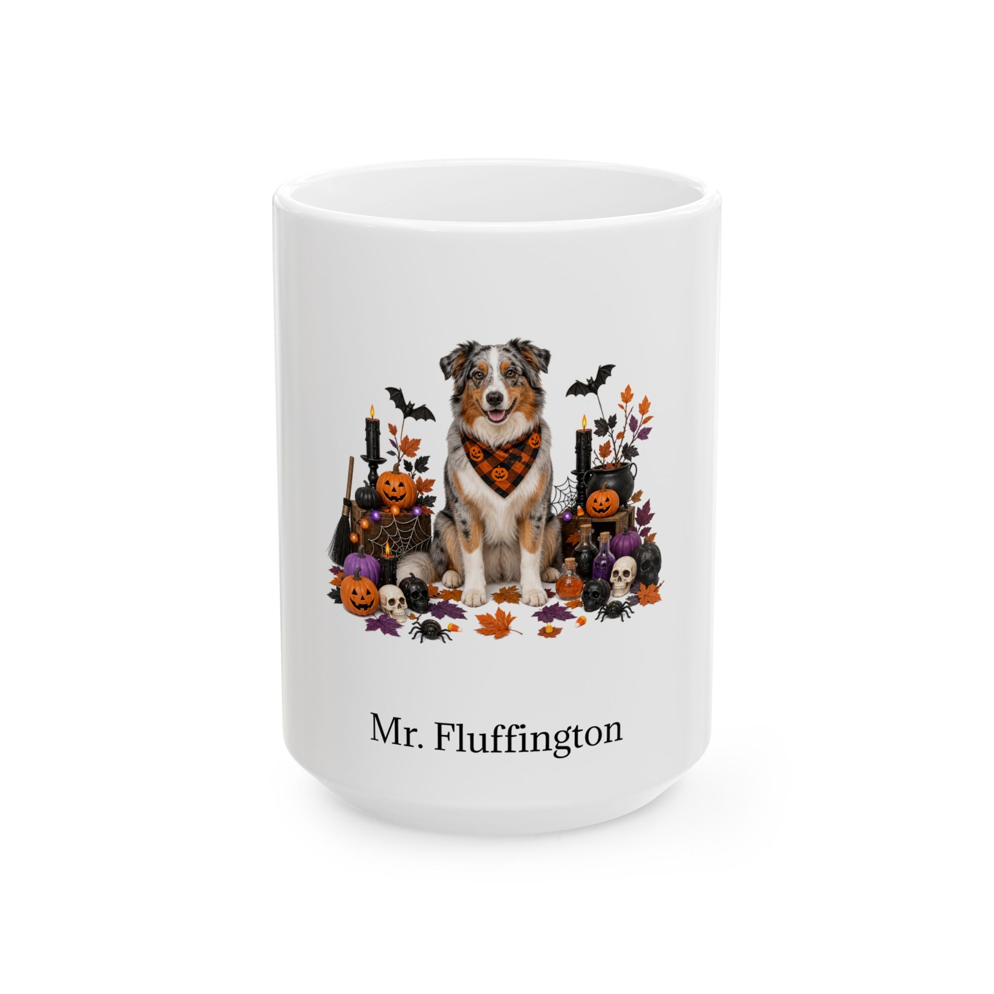 Personalized Australian Shepherd dog Halloween mug, 11oz white ceramic, with custom pet name on front