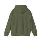 A plain olive green hooded sweatshirt shown from the back.