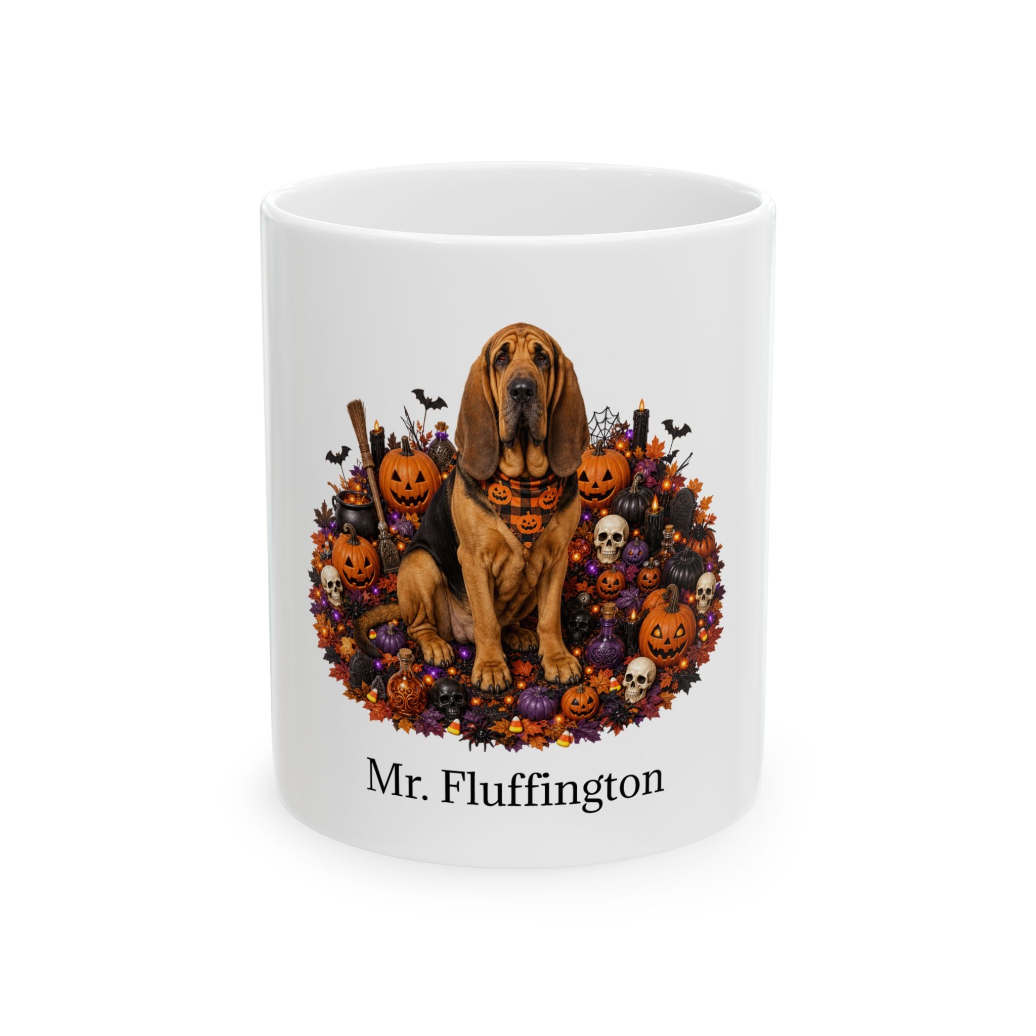 Personalized Bloodhound dog ceramic coffee mug with Halloween artwork and custom name — image 2