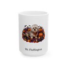 Personalized Dandie Dinmont Terrier dog Halloween mug, 11oz white ceramic, with custom pet name on front