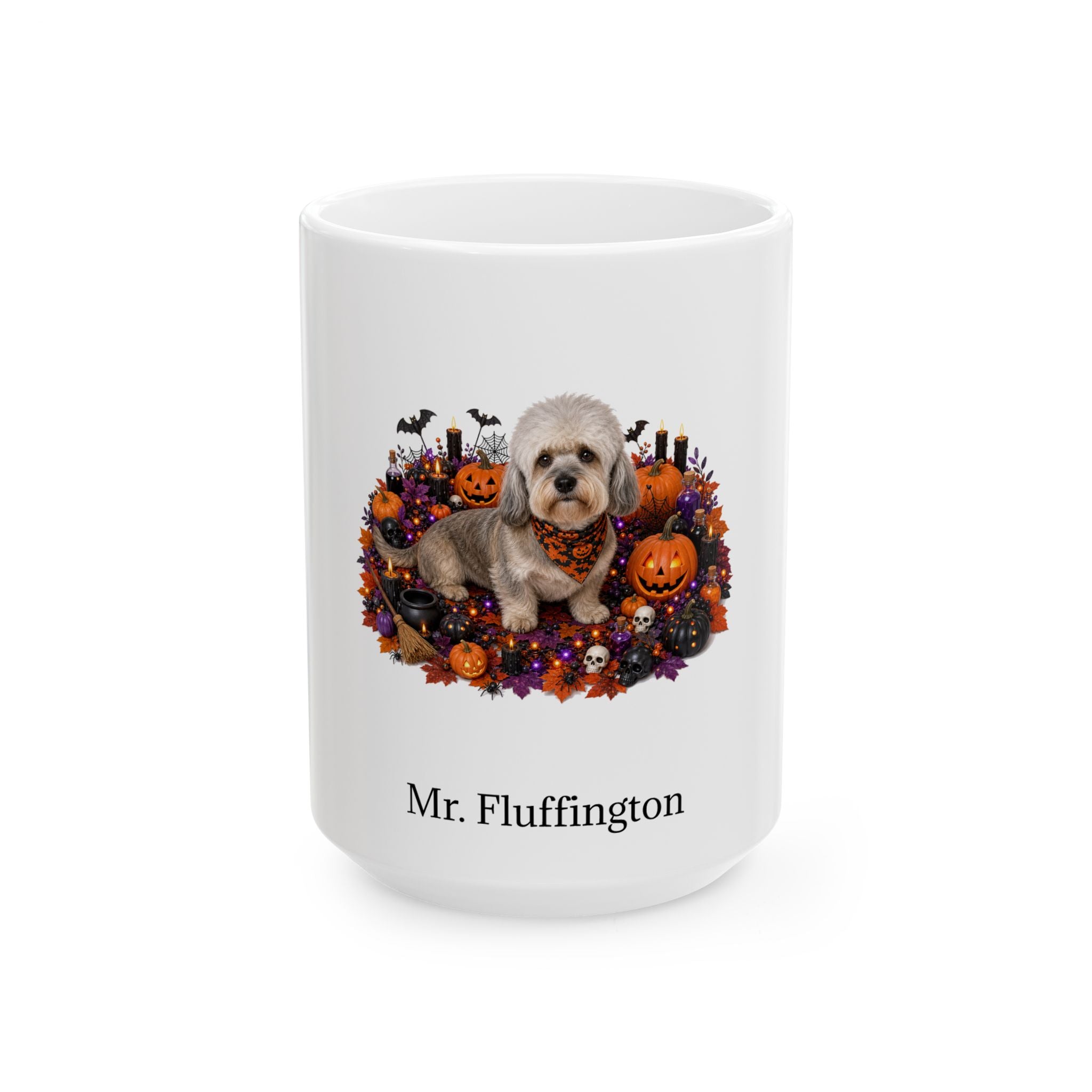 Personalized Dandie Dinmont Terrier dog Halloween mug, 11oz white ceramic, with custom pet name on front