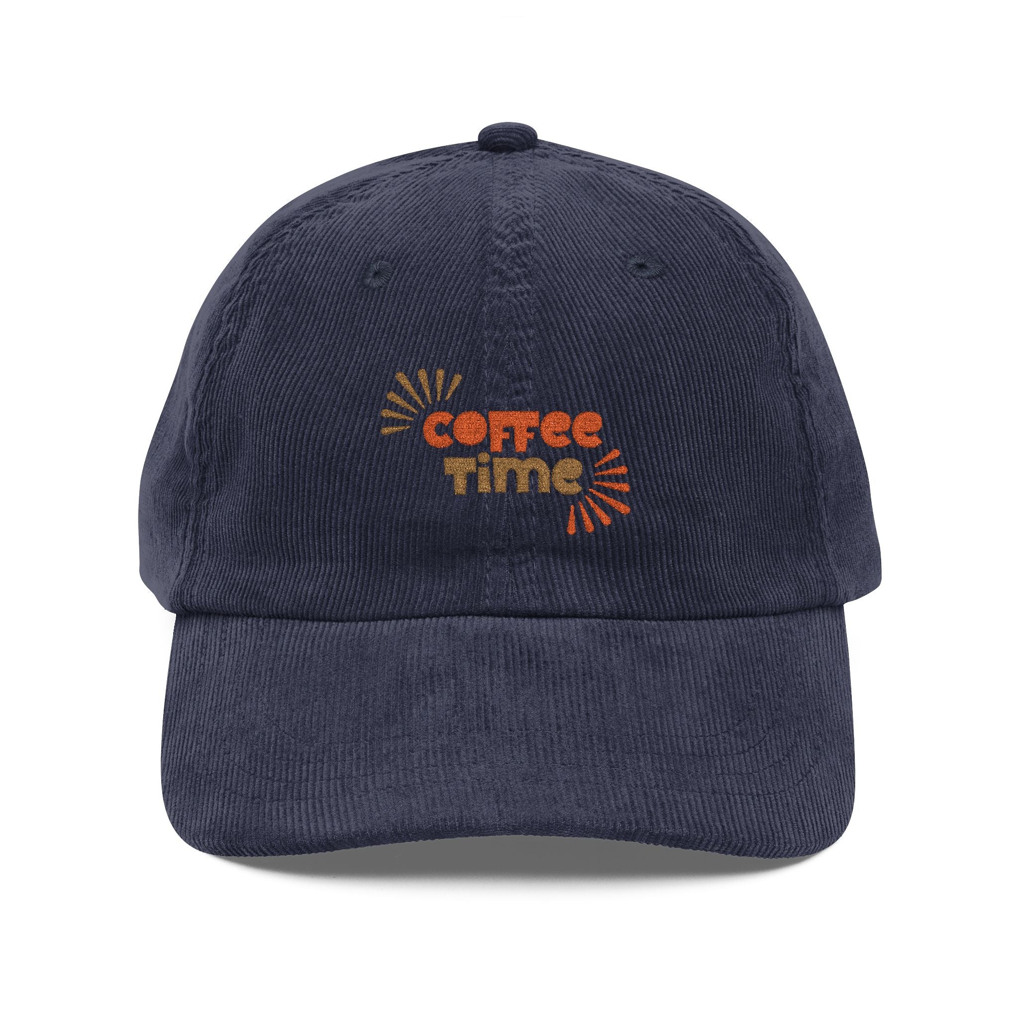 Navy blue corduroy baseball cap with Coffee Time embroidered in orange and brown on the front.