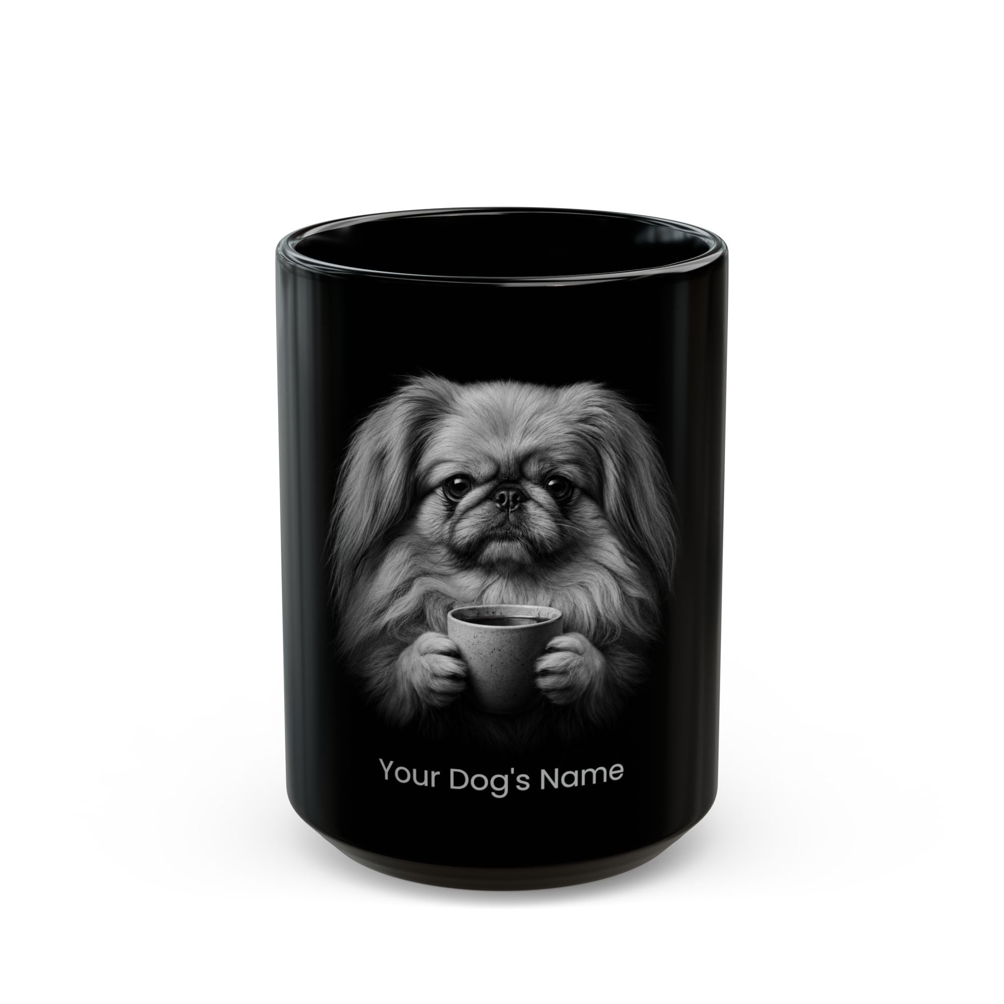 Personalized Pekingese Long Hair black ceramic coffee mug with custom dog name