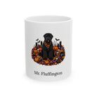 Personalized Black Russian Terrier dog Halloween mug, 15oz white ceramic, with custom pet name on front