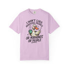 Light purple t-shirt with a graphic of an angry duck holding a coffee mug and text.