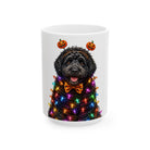 Personalized Black Poodle dog Halloween mug, 11oz white ceramic, with custom pet name on front