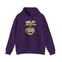 A purple hooded sweatshirt featuring a cartoon coffee mug with a panicked expression.
