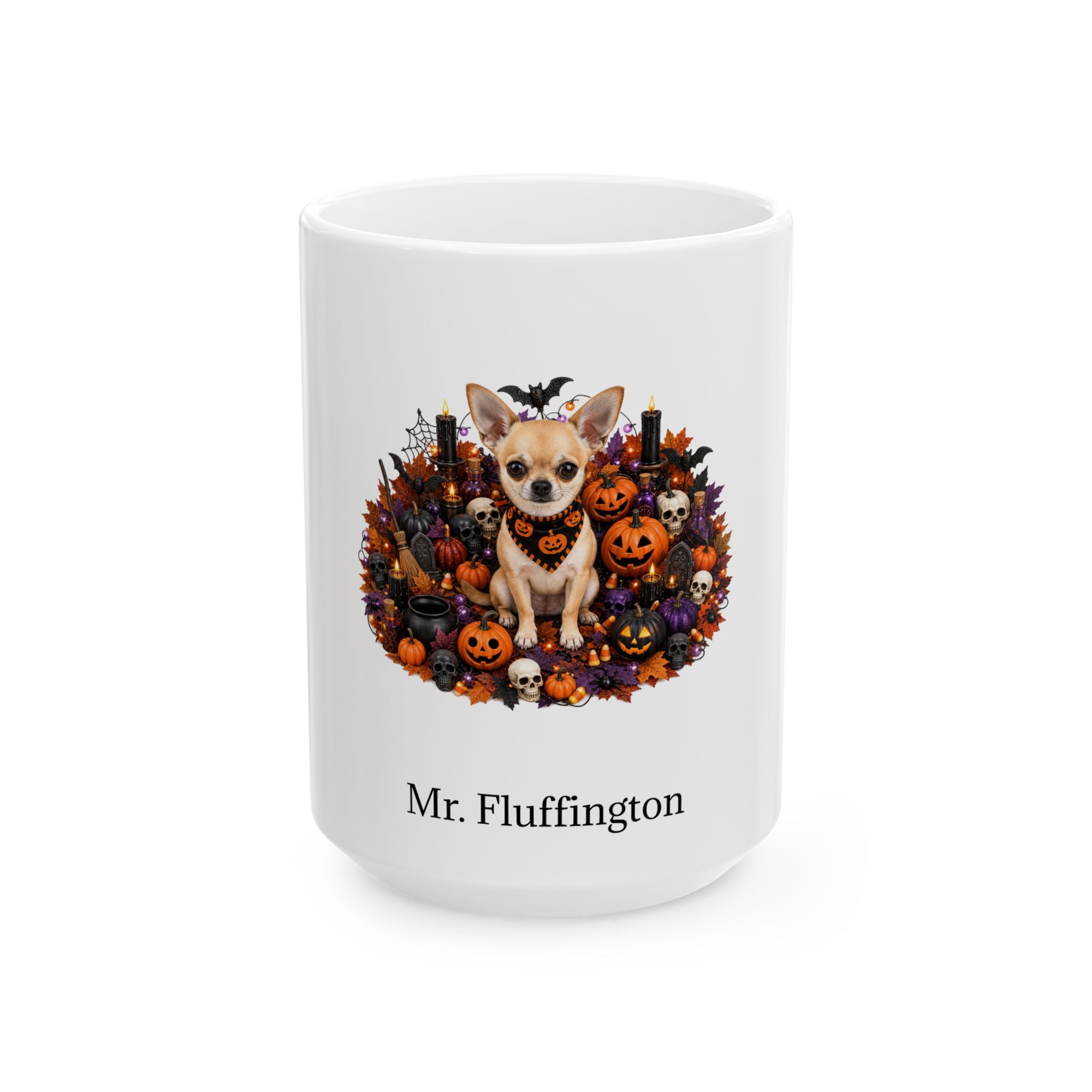 Personalized Chihuahua dog Halloween mug, 15oz white ceramic, with custom pet name on front