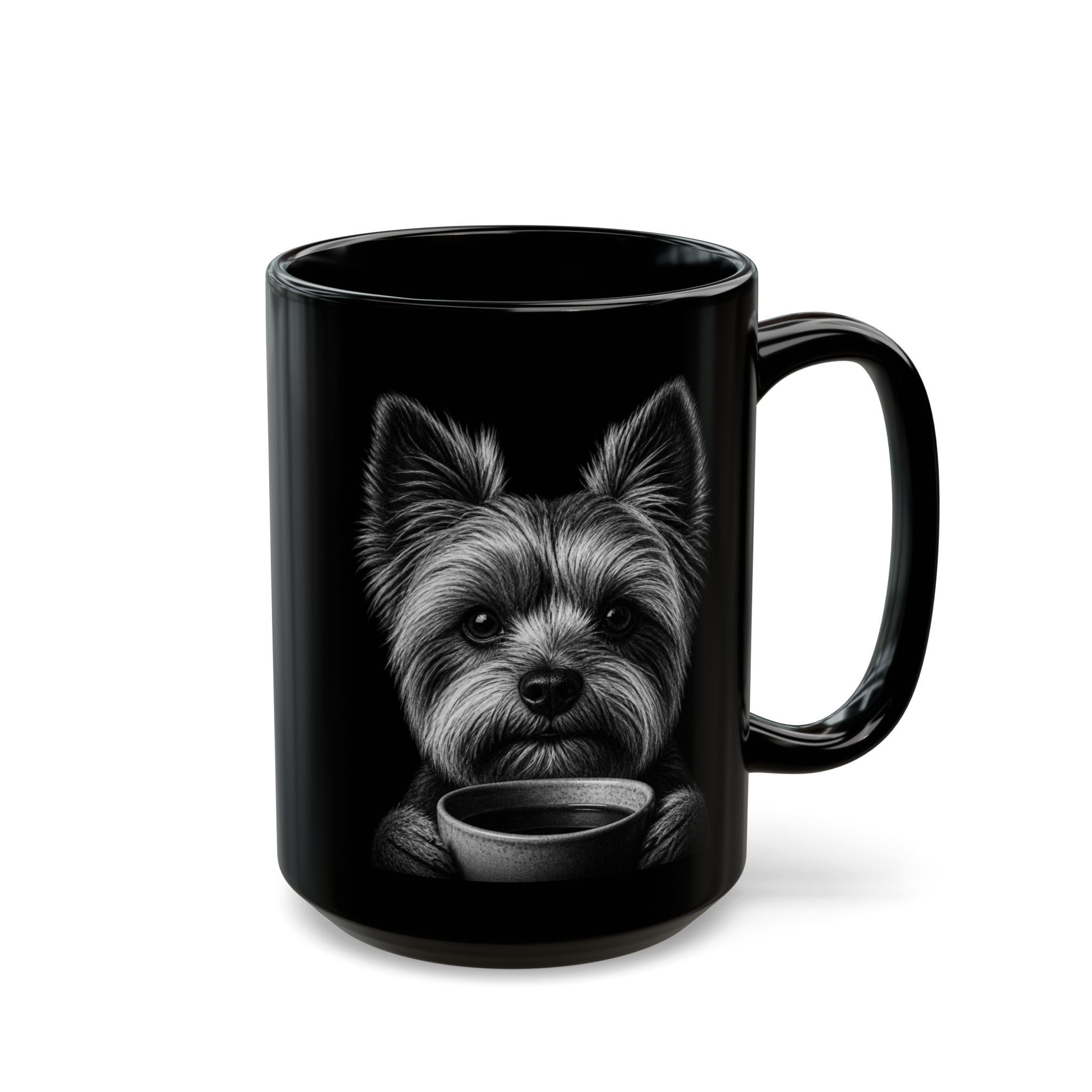 Yorkie Over Coffee — Black Ceramic Mug
