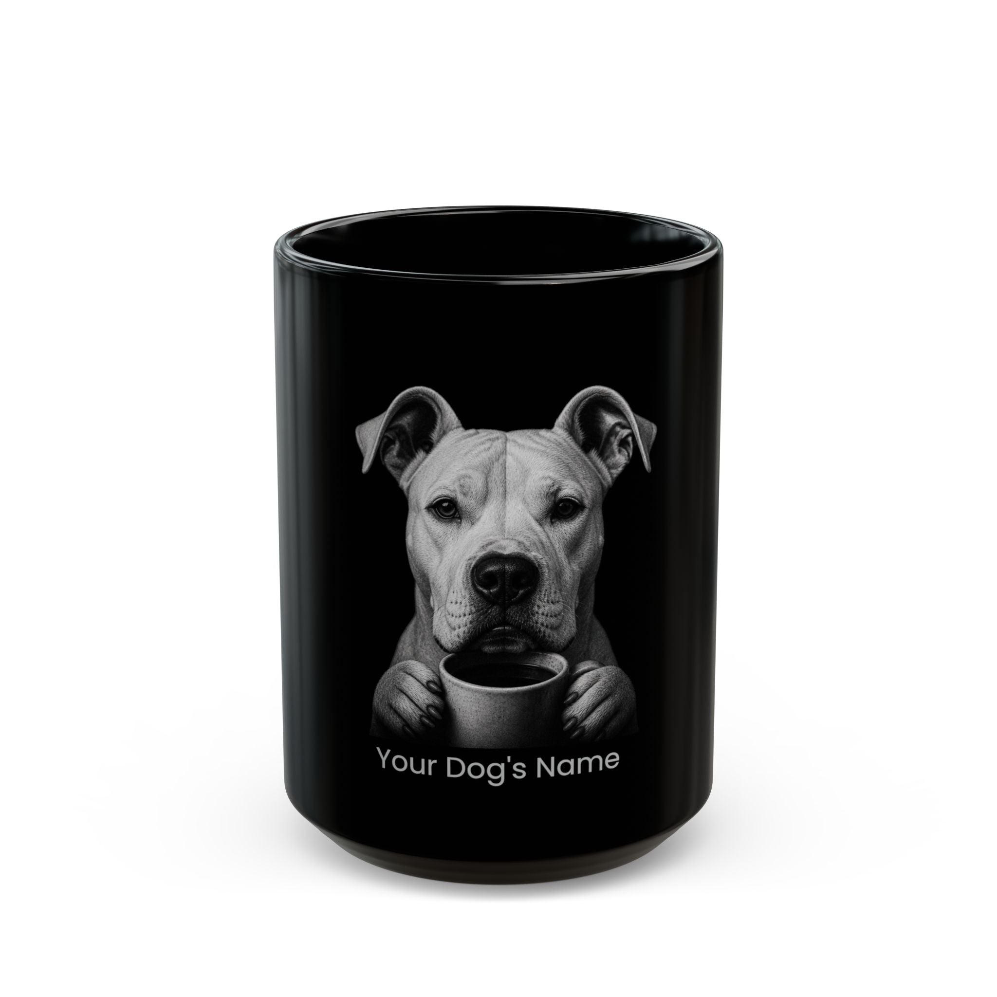 Personalized Dogo Argentino black ceramic coffee mug with custom dog name