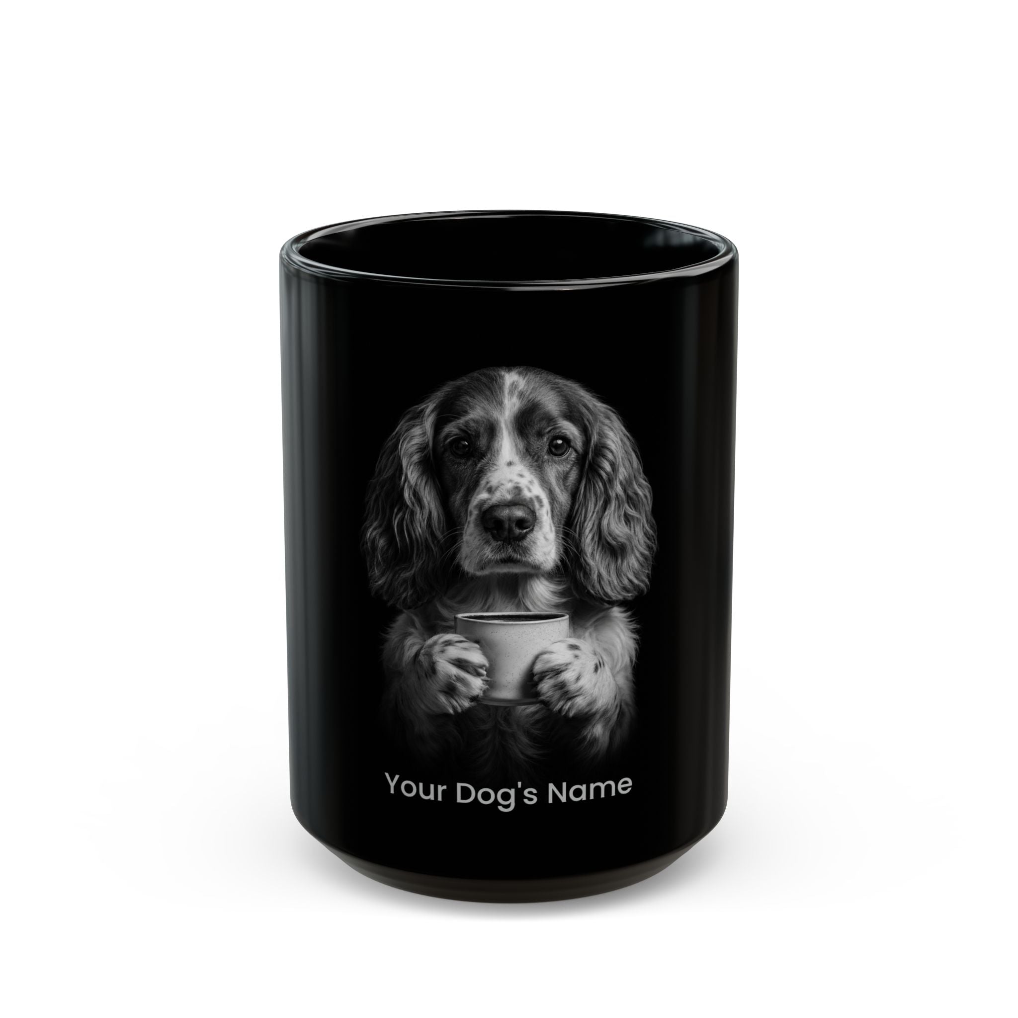 Personalized Welsh Springer Spaniel black ceramic coffee mug with custom dog name