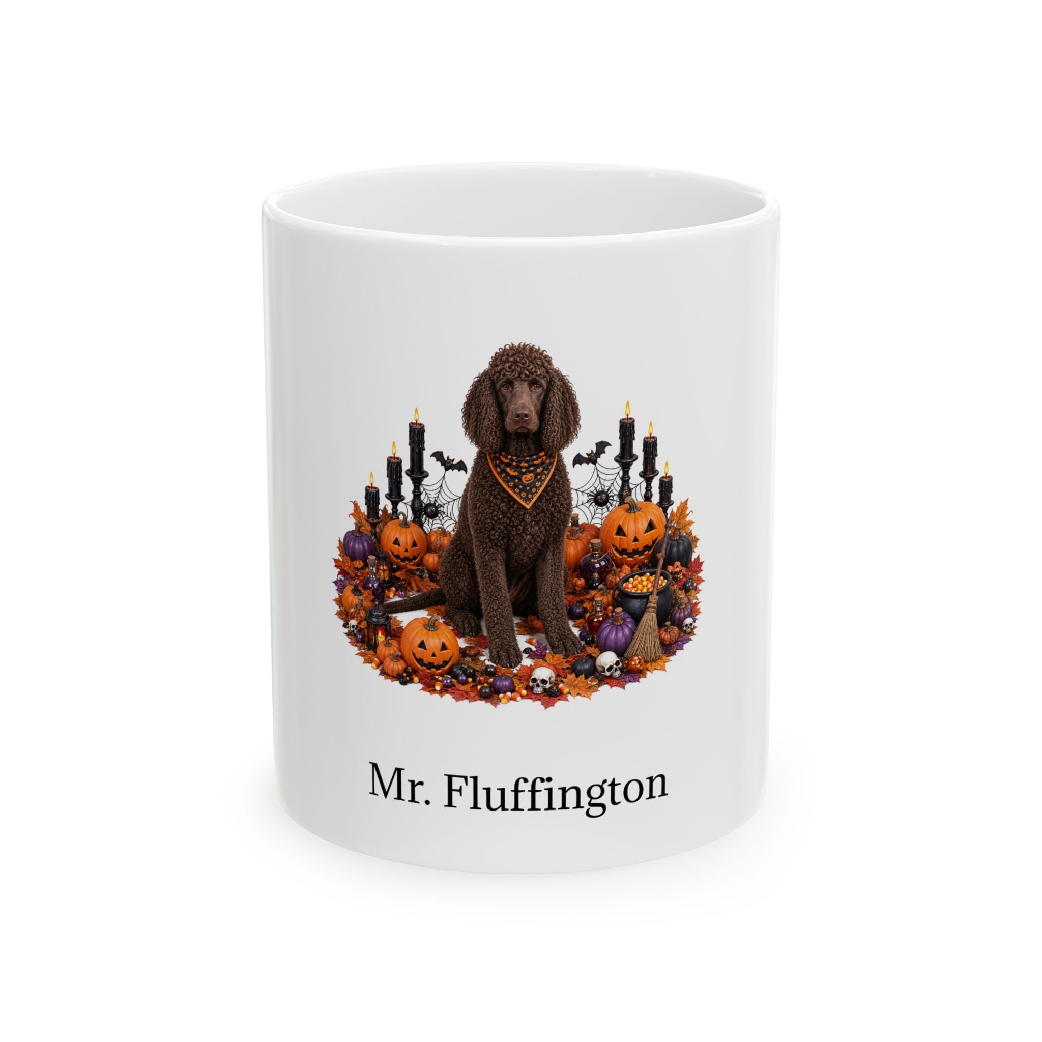 Personalized Irish Water Spaniel dog Halloween mug, 15oz white ceramic, with custom pet name on front