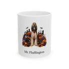 Personalized Afghan Hound dog Halloween mug, 15oz white ceramic, with custom pet name on front