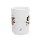 White ceramic mug featuring Catffinated & Dangerous text, coffee beans, and a small cat icon.