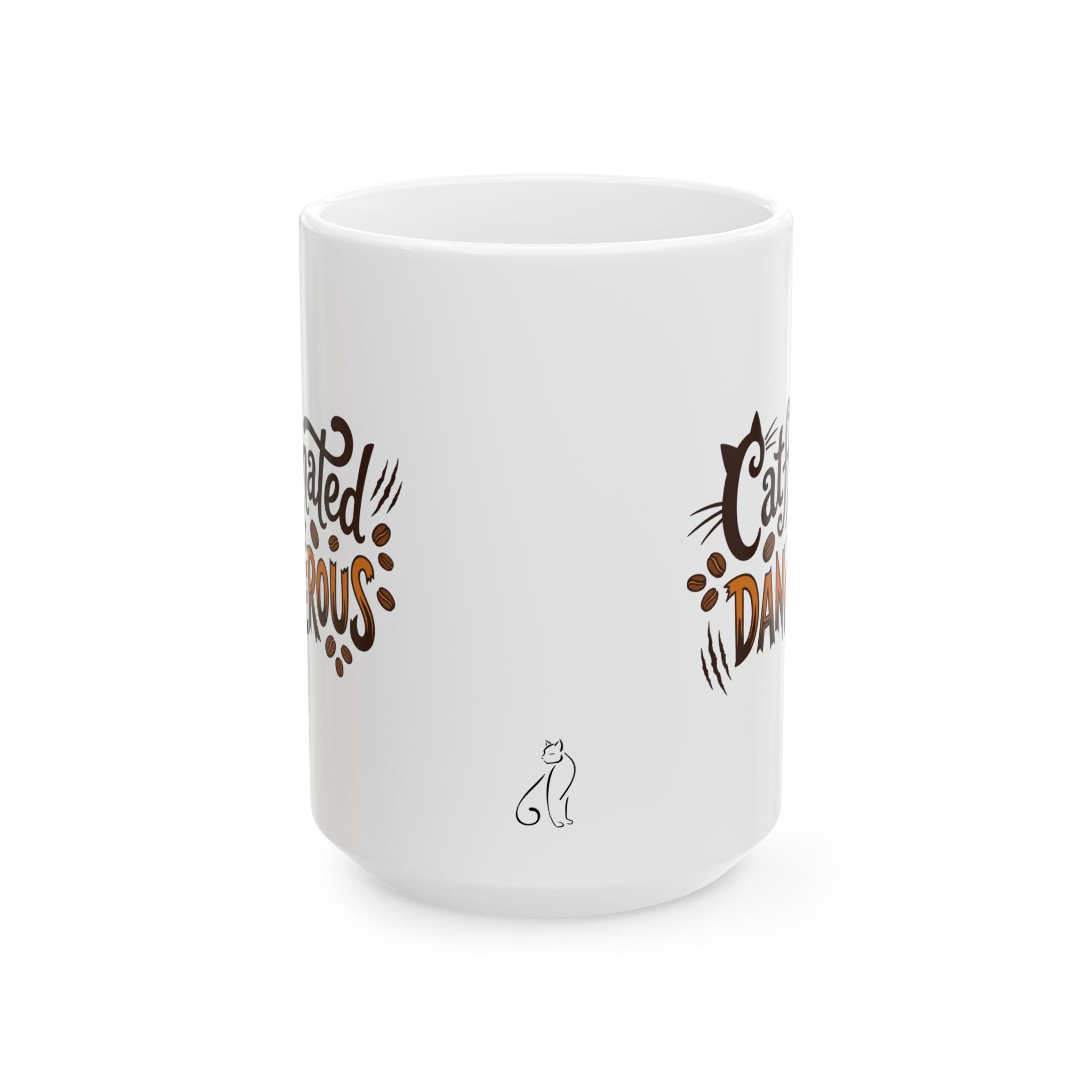 White ceramic mug featuring Catffinated & Dangerous text, coffee beans, and a small cat icon.