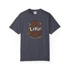 A dark grey t-shirt featuring a distressed retro graphic that says Be Like Coffee Calm and Caffeinated.