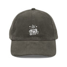 Dark grey corduroy baseball cap with an embroidered white coffee cup and heart logo.