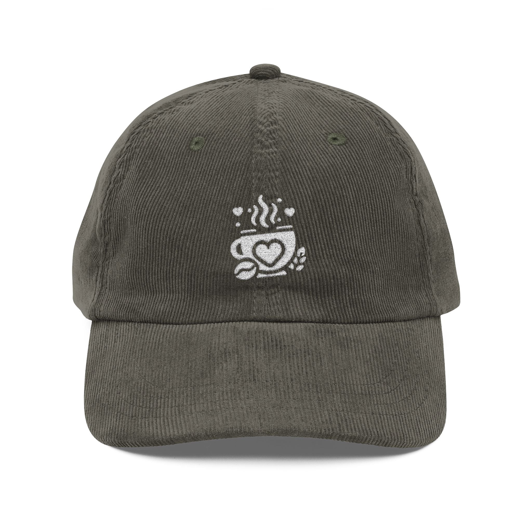 Dark grey corduroy baseball cap with an embroidered white coffee cup and heart logo.