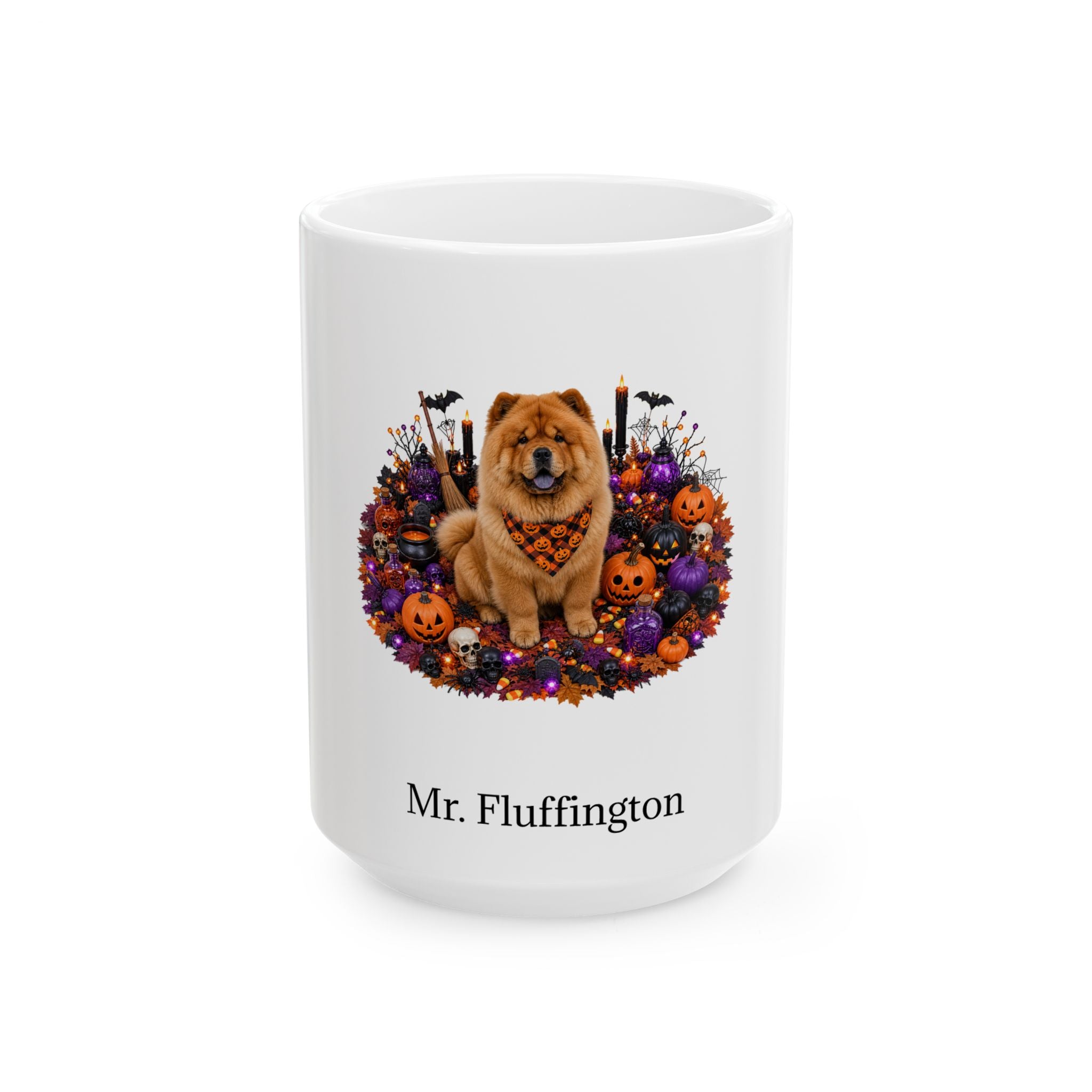 Personalized Chow Chow dog Halloween mug, 11oz white ceramic, with custom pet name on front