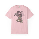 Light pink t-shirt featuring a distressed graphic of a cowboy frog holding a coffee mug.