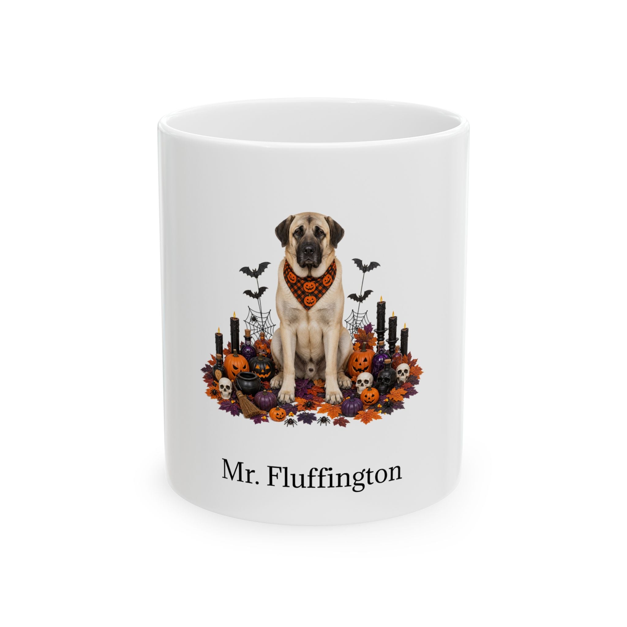 Personalized Anatolian Shepherd dog Halloween mug, 15oz white ceramic, with custom pet name on front