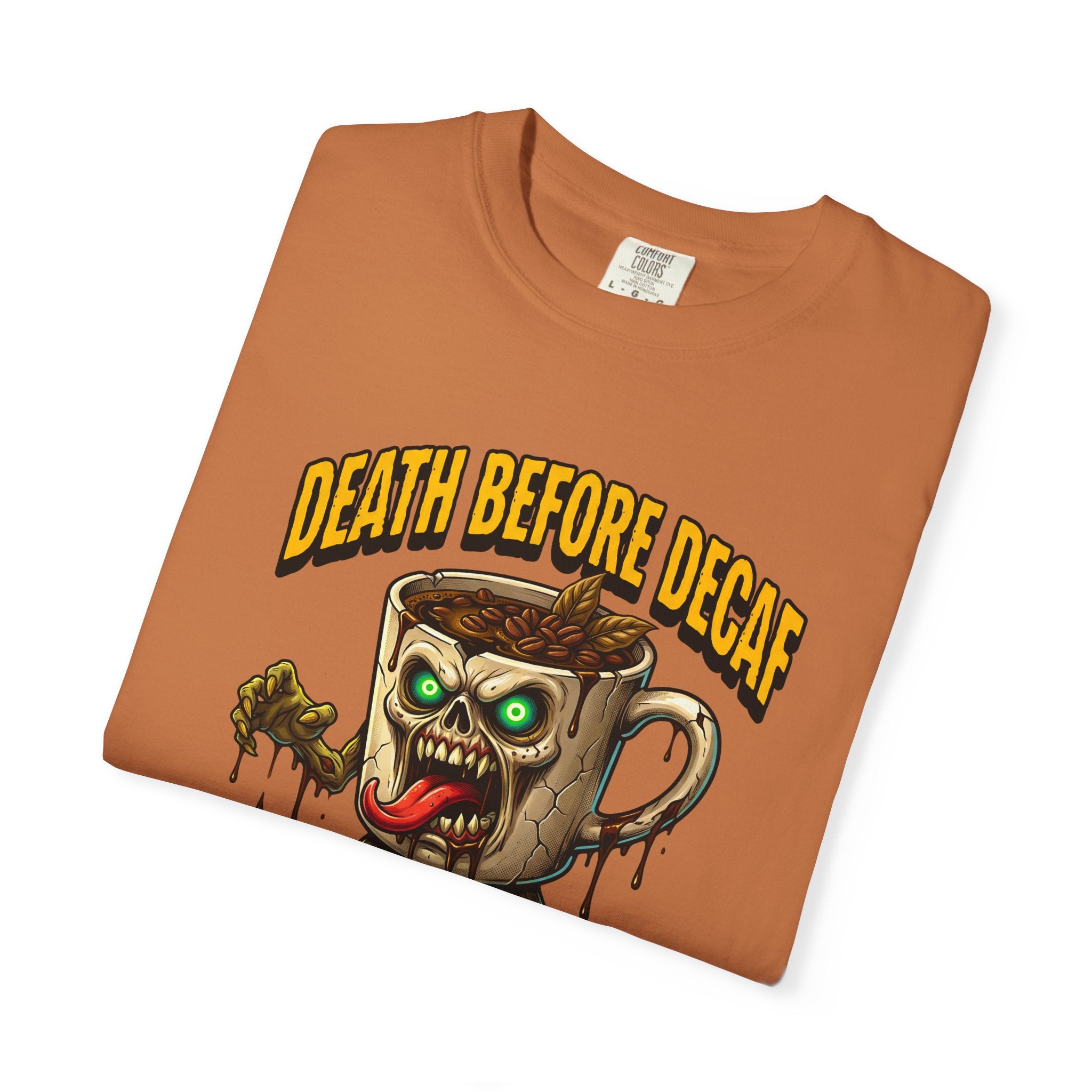 Orange unisex cotton t-shirt featuring a graphic of a zombie coffee mug with glowing green eyes.