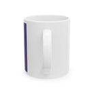 A white ceramic coffee mug with a C-shaped handle and a partial view of a purple graphic design.