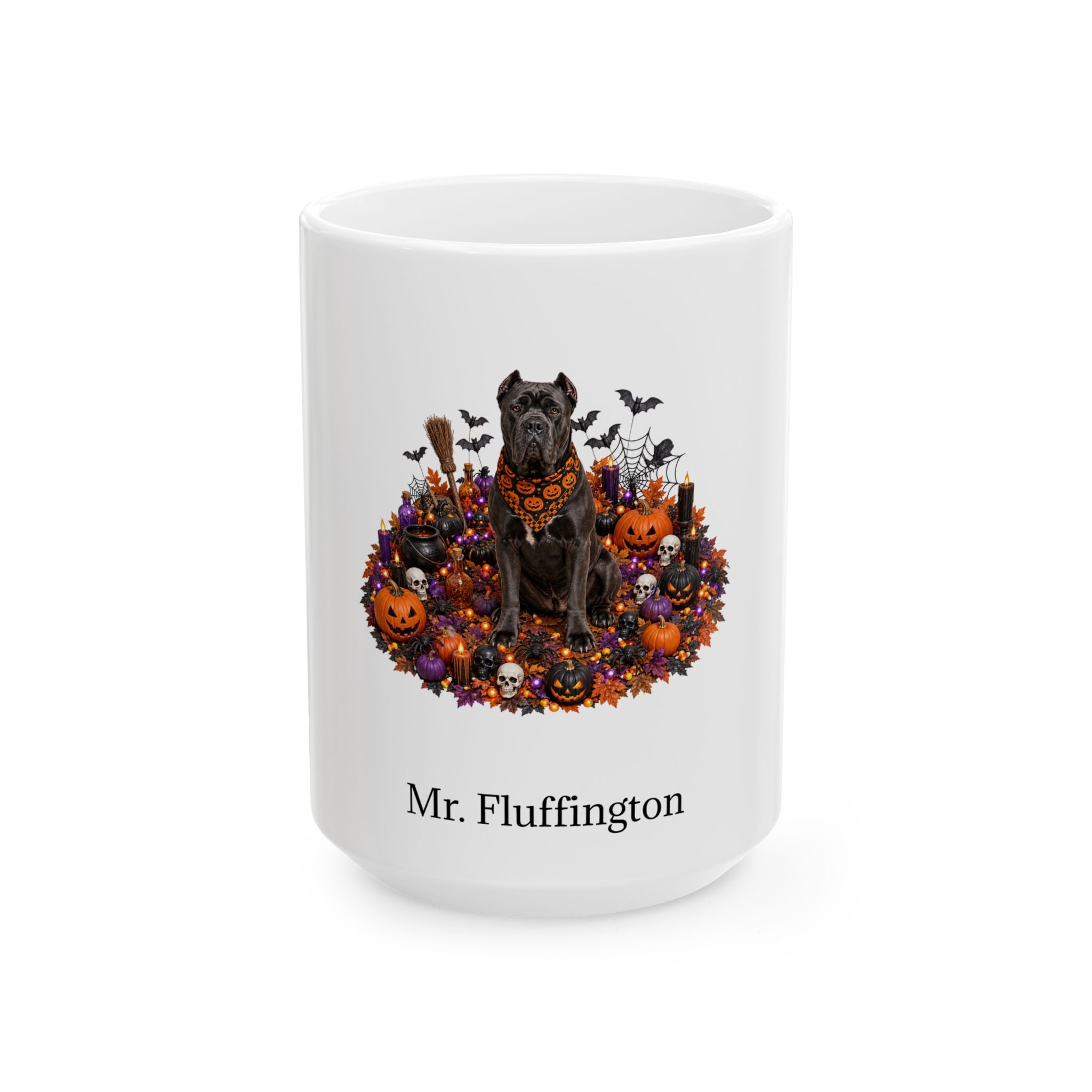 Personalized Cane Corso dog Halloween mug, 11oz white ceramic, with custom pet name on front