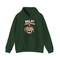 A dark green hooded sweatshirt featuring a cartoon coffee mug looking stressed with the text HELP.