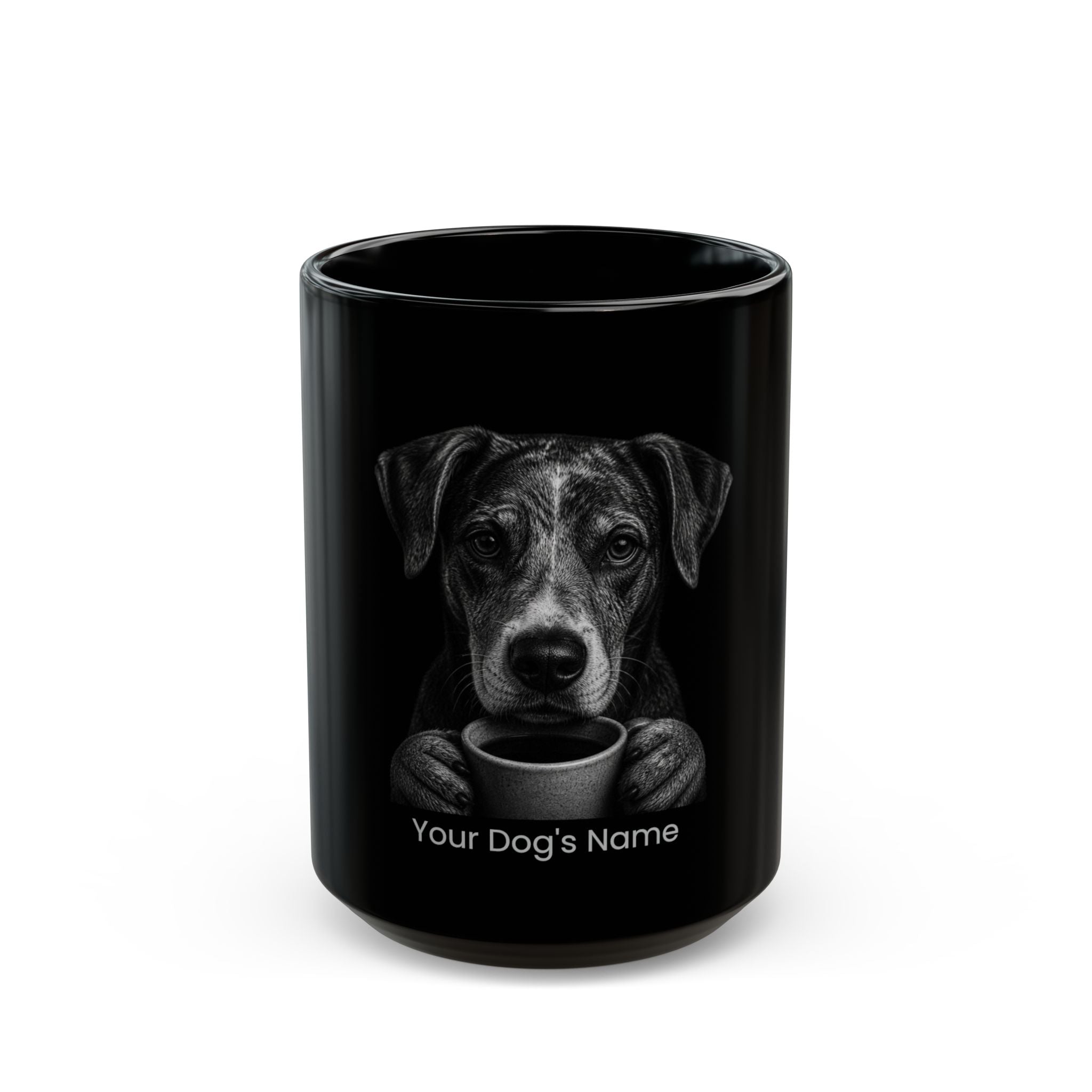 Personalized Catahoula black ceramic coffee mug with custom dog name