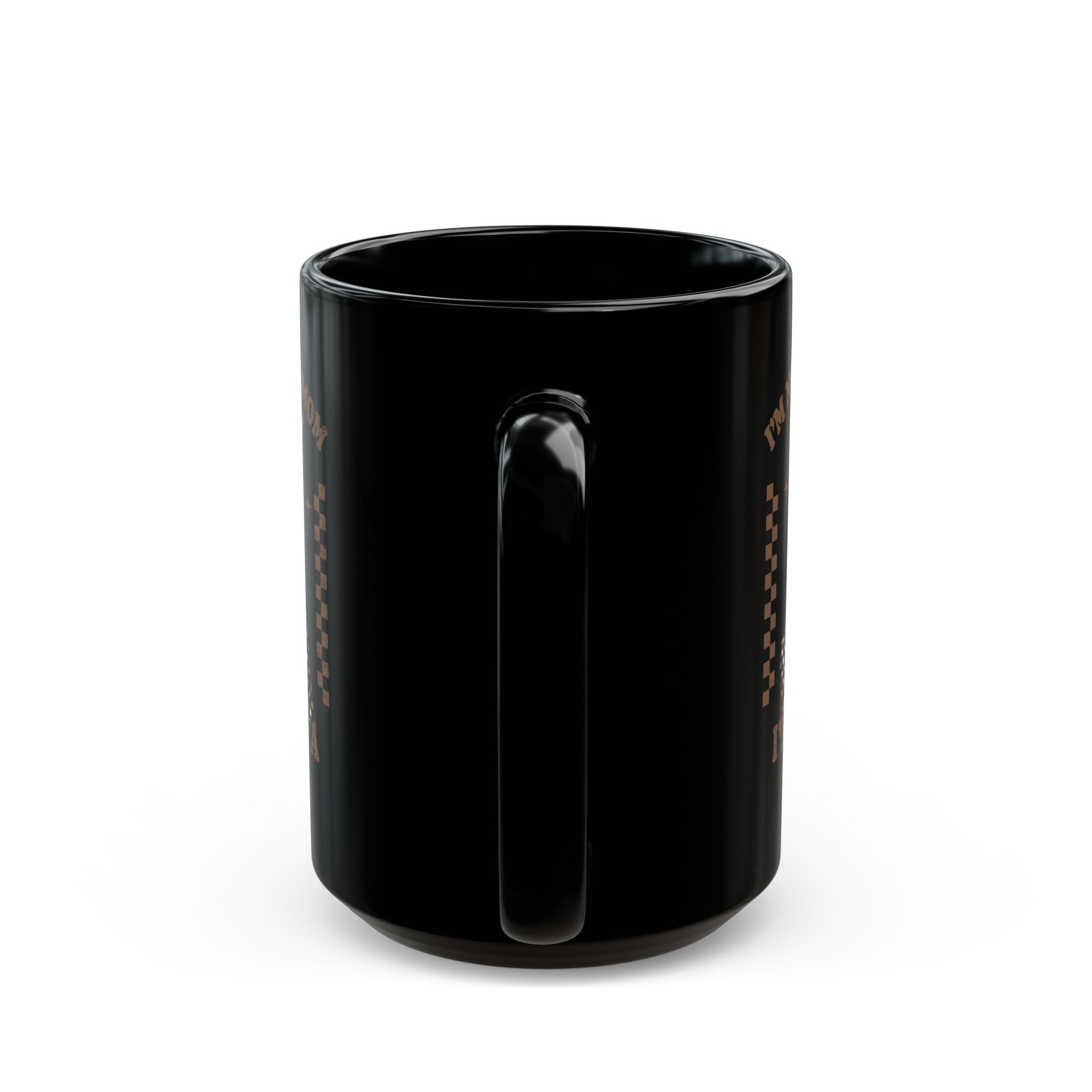 A black ceramic coffee mug with a retro pin-up design and text on the side.