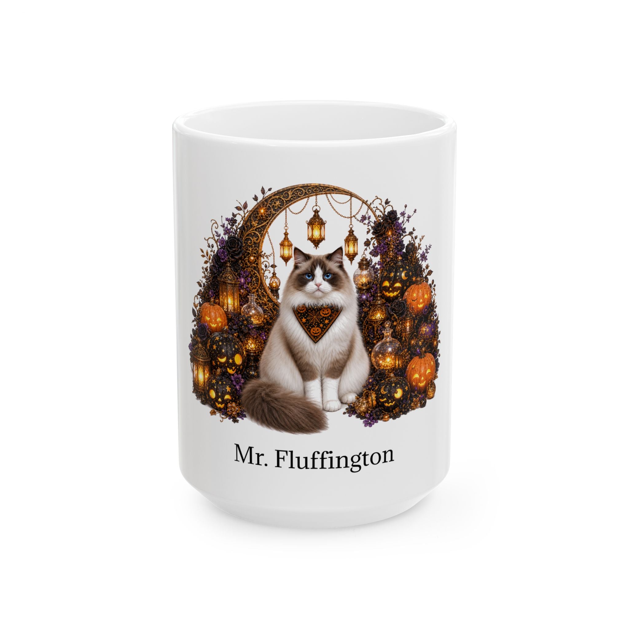 Angled Ragdoll cat Halloween mug with personalized pet name and fall design — image 3